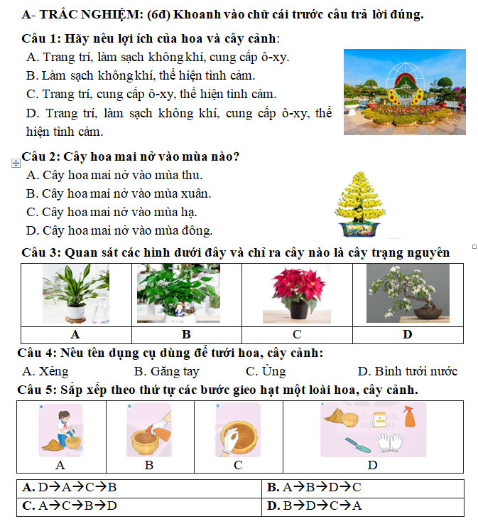 Đề thi Công nghệ lớp 4 cuối kì I